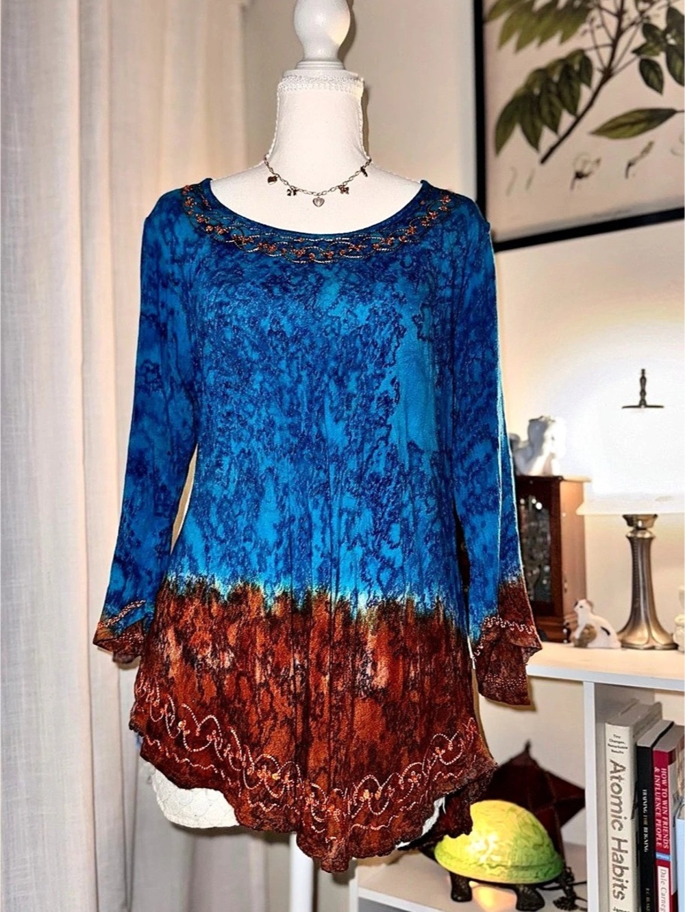 Ombre Tie Dye Circle Poncho Blouse Shirt Top With Sequin